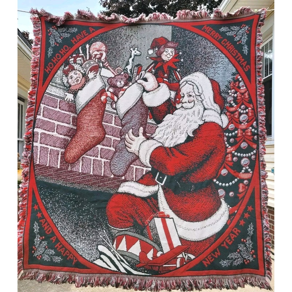Vintage Christmas Tapestry Throw Blanket Santa Toys Stockings Fringe 50x55 Retro
